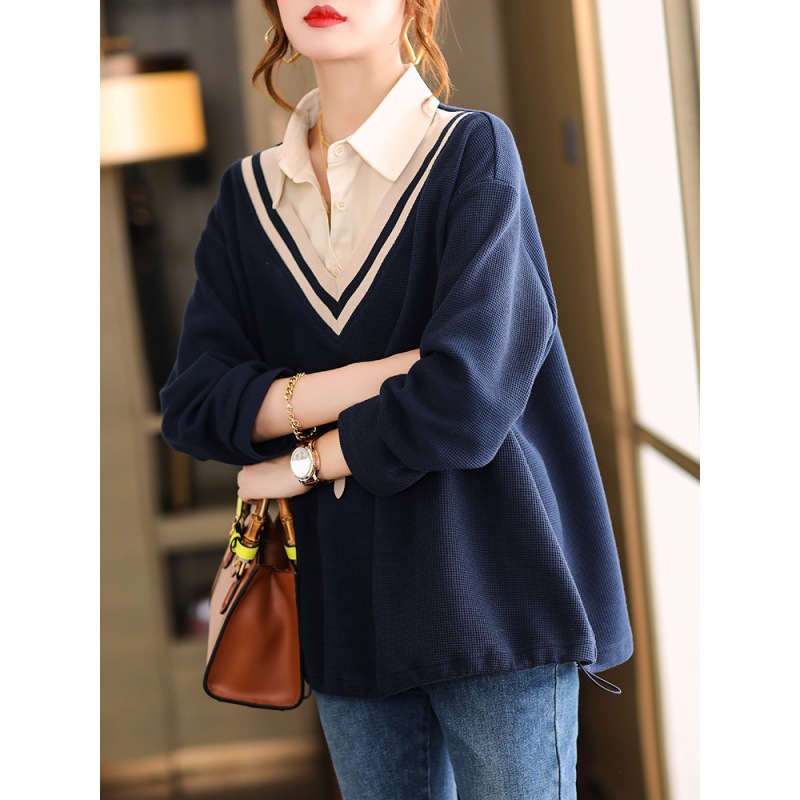 Loose Flesh-Covering Slimming Chubby Girl Women's Clothing European Station Large Size Stylist Fake Two-Piece Lapel Sweater Coat Top Women