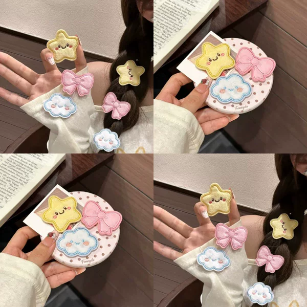 Simple cloud and star bow hair clip for girls, cute cartoon DIY soft and adorable creative magic clip