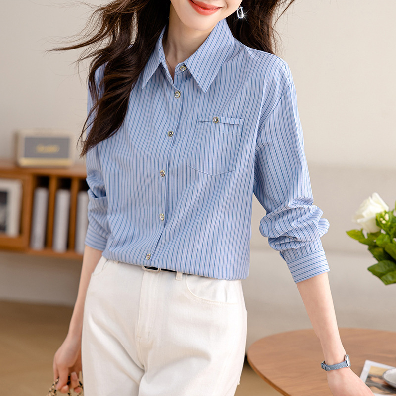 Blue Striped Long-Sleeve Shirt for Women 2026 Spring and Autumn Loose Slimming Button-Down Professional Commuter Shirt with Three-Dimensional Stripes