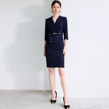 春夏时尚藏青色职业连衣裙七分袖气质女神范遮肚子显瘦包臀女裙OL