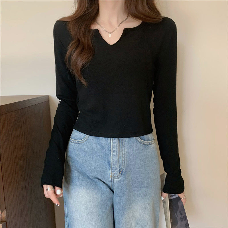 Puro deseo superior camiseta de las mujeres de primavera y otoño diseño sentido nicho nuevo dulce chica caliente manga larga corta delgada con cuello en v camisa de fondo image 6