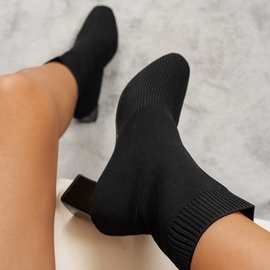 针织粗跟短靴女单靴2024秋季新款百搭尖头中筒单靴弹力瘦瘦袜子靴