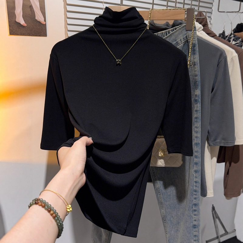 Black High-Neck Turtleneck Mid-Sleeve Base Shirt for Women, 2026 Early Autumn New Style, Simple Versatile Top A7801 Black High-Neck Turtleneck Mid-Sleeve Base Shirt for Women, 2026 Early Autumn New Style, Simple Versatile Top A7801