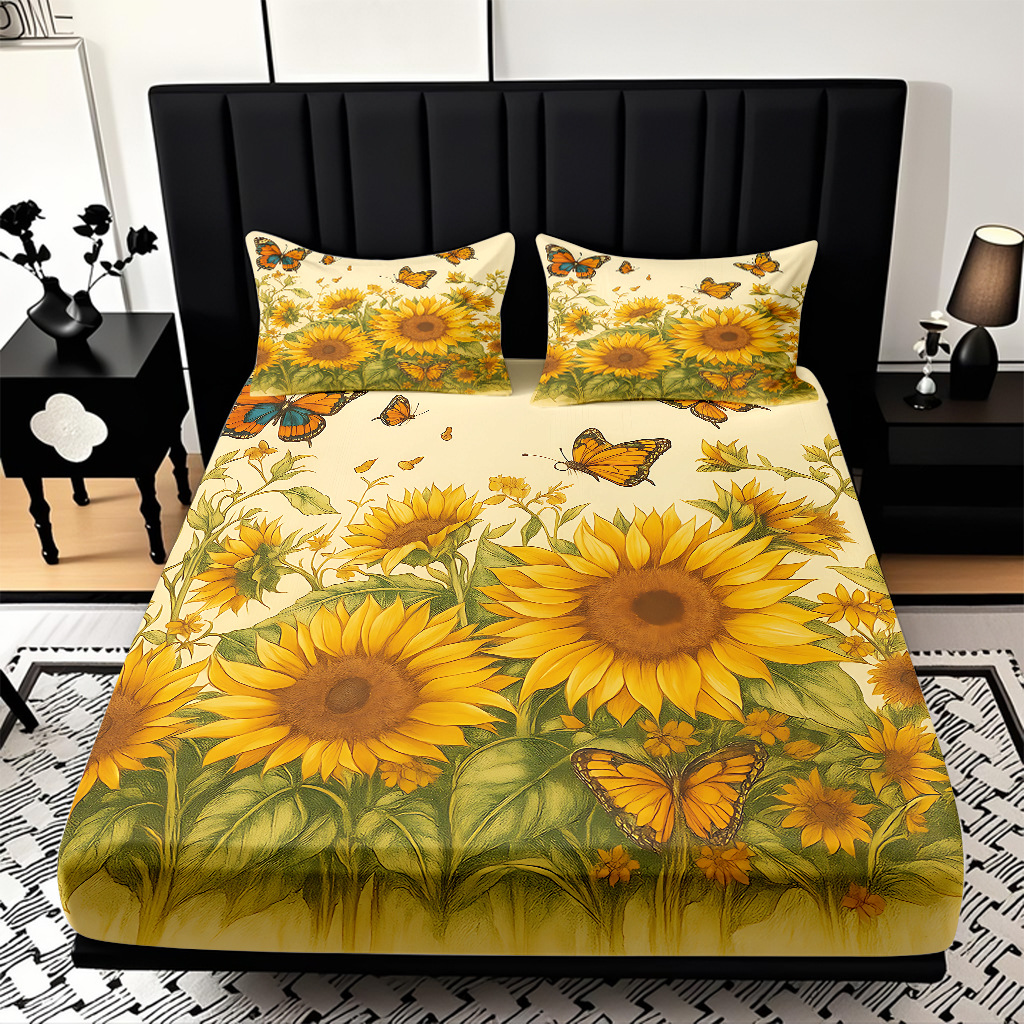 Comercio exterior transfronterizo textil doméstico patrón de girasol impresión digital 3D cama de molienda de tres piezas JIT modelo Temu