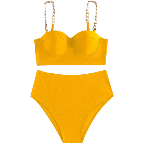 New European and American Bikini Swimwear Women's Sexy Pure Black Split High Waist Belly Covering Bikini Swimsuit