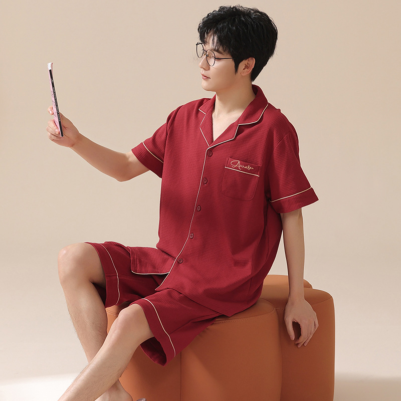 Verano nuevos hombres cardigan pijamas de manga corta puro algodón rojo boda casual waffle desgaste del hogar se puede usar fuera de verano