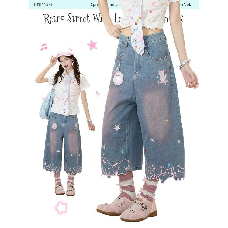 2027 Super Stylish Women's Jeans for Summer with Fun Star and Cat Embroidery, Unique Wide-Leg Cropped Pants 2027 Super Stylish Women's Jeans for Summer with Fun Star and Cat Embroidery, Unique Wide-Leg Cropped Pants