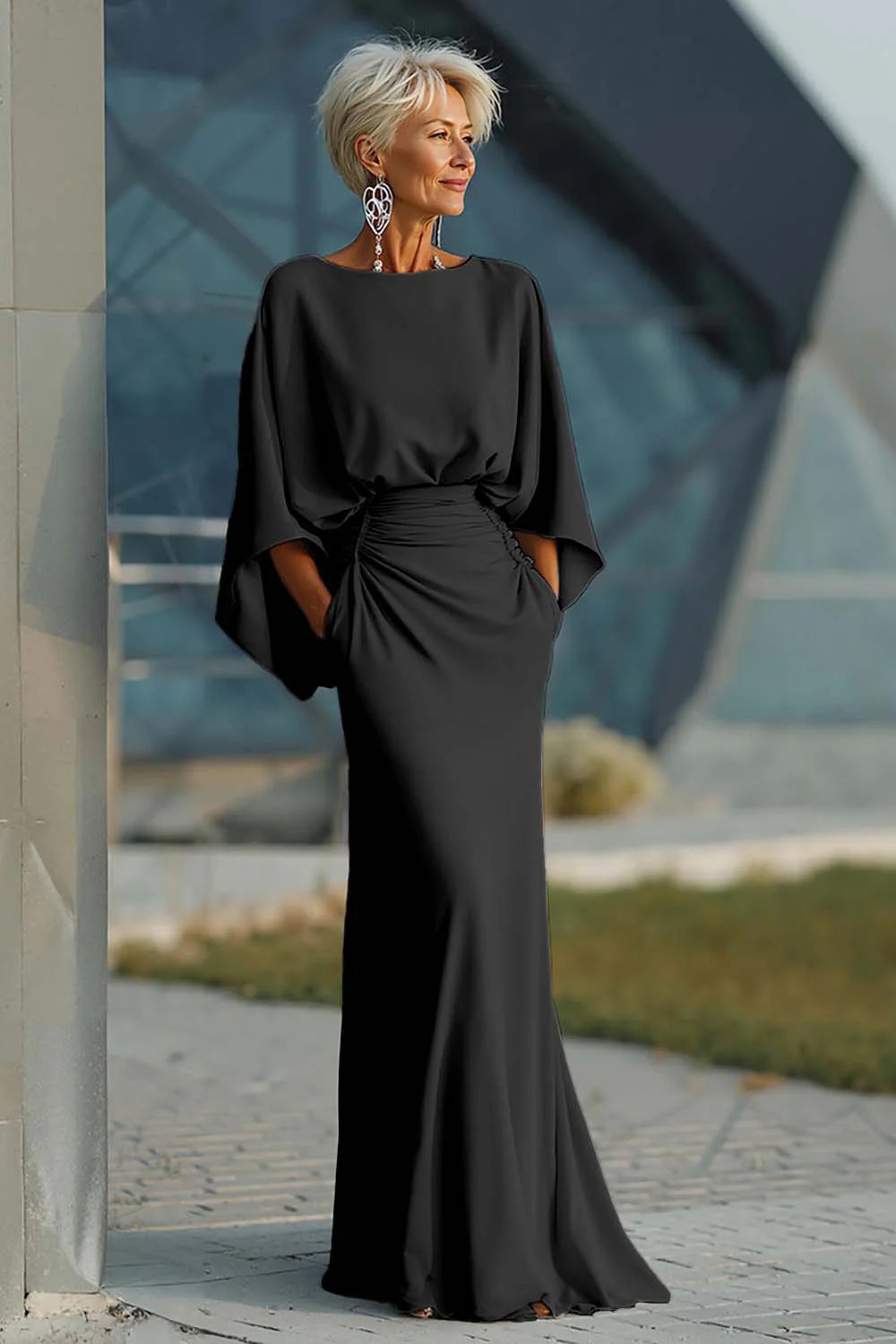 Elegant Backless Pleated Long Dress For Women American Style Slim Fit With Pockets New In Stock_ecoleips.com