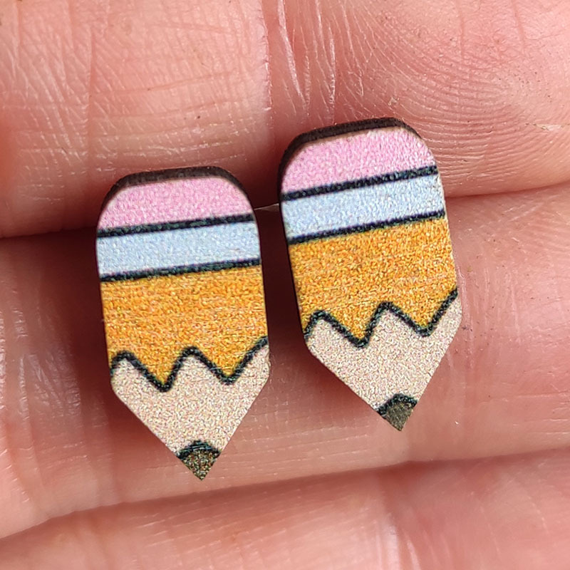 1 Pair Cartoon Style Book Rainbow Pencil Wood Women's Ear Studs display picture 2