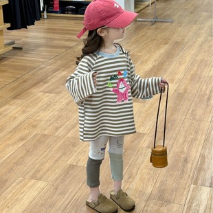 2025 New Autum Children's Clothing Korean Style Children's Clothing Girls Cute Cartoon Printed T-Shirt Kindergarten Stripesd t