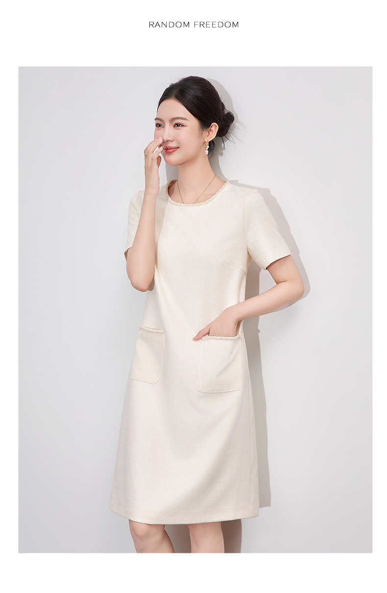Váy liền nữ kiểu Pháp cổ tròn tay ngắn dệt jacquard ôm nhẹ — Màu be chi tiết 10