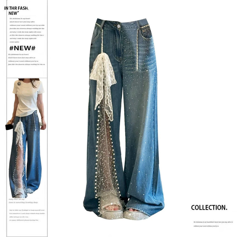 Plus-Size Designer Lace Pearl Embellished Washed Denim Jeans for Women, Summer 2026, Unique Street Style, Rhinestone Wide-Leg Pants