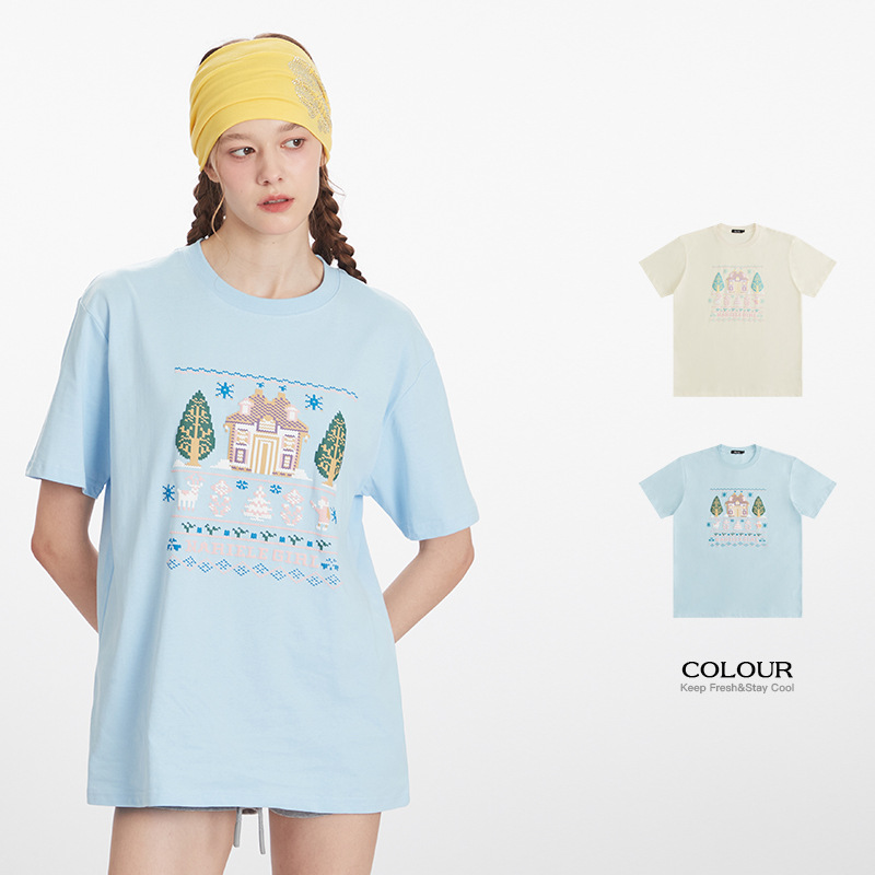 HeyHenry 남성 하라주쿠 스타일 청소년 퓨어 코튼 라운드 넥 반팔 루즈 탑 커플 프린트 반팔 티셔츠