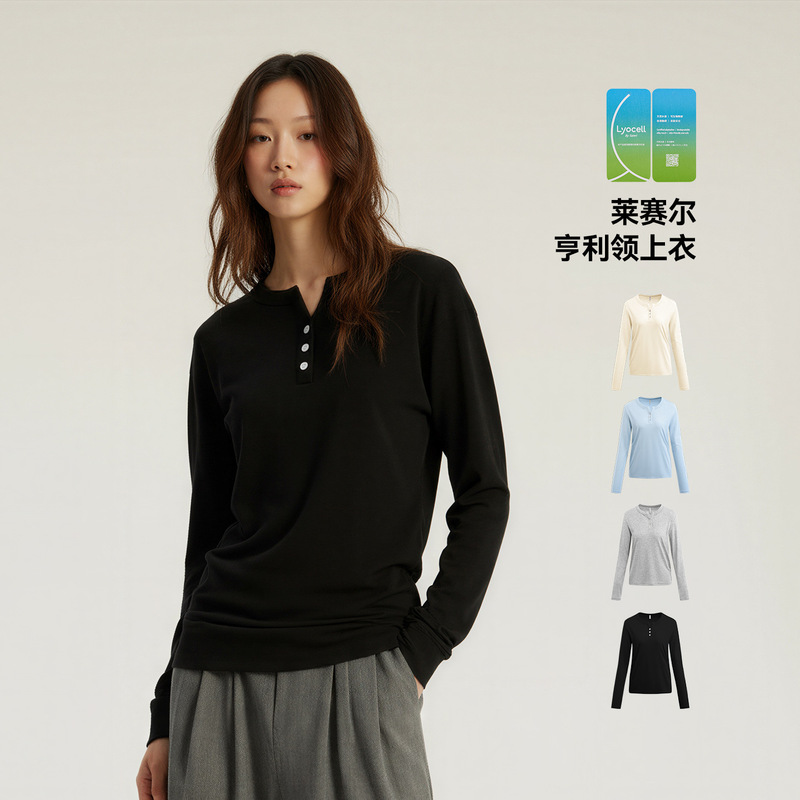 Teeshe Women's Lyocell Henley Collar Top 26 Spring American Style Slim Fit Long Sleeve T-Shirt