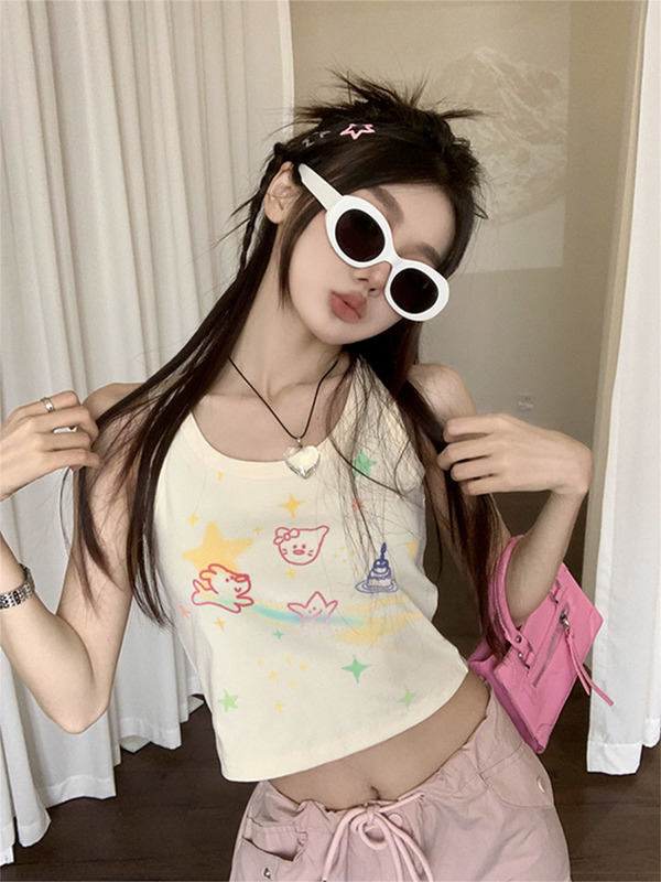 Pure and Sweet Tops for Women, Niche Cute Cartoon Graffiti Print, Slim Fit, Short Sleeveless Bottoming Vest