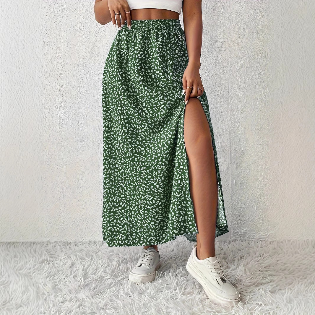 现货欧美跨境新款亚马逊度假定向时尚休闲碎花印花开叉半身裙