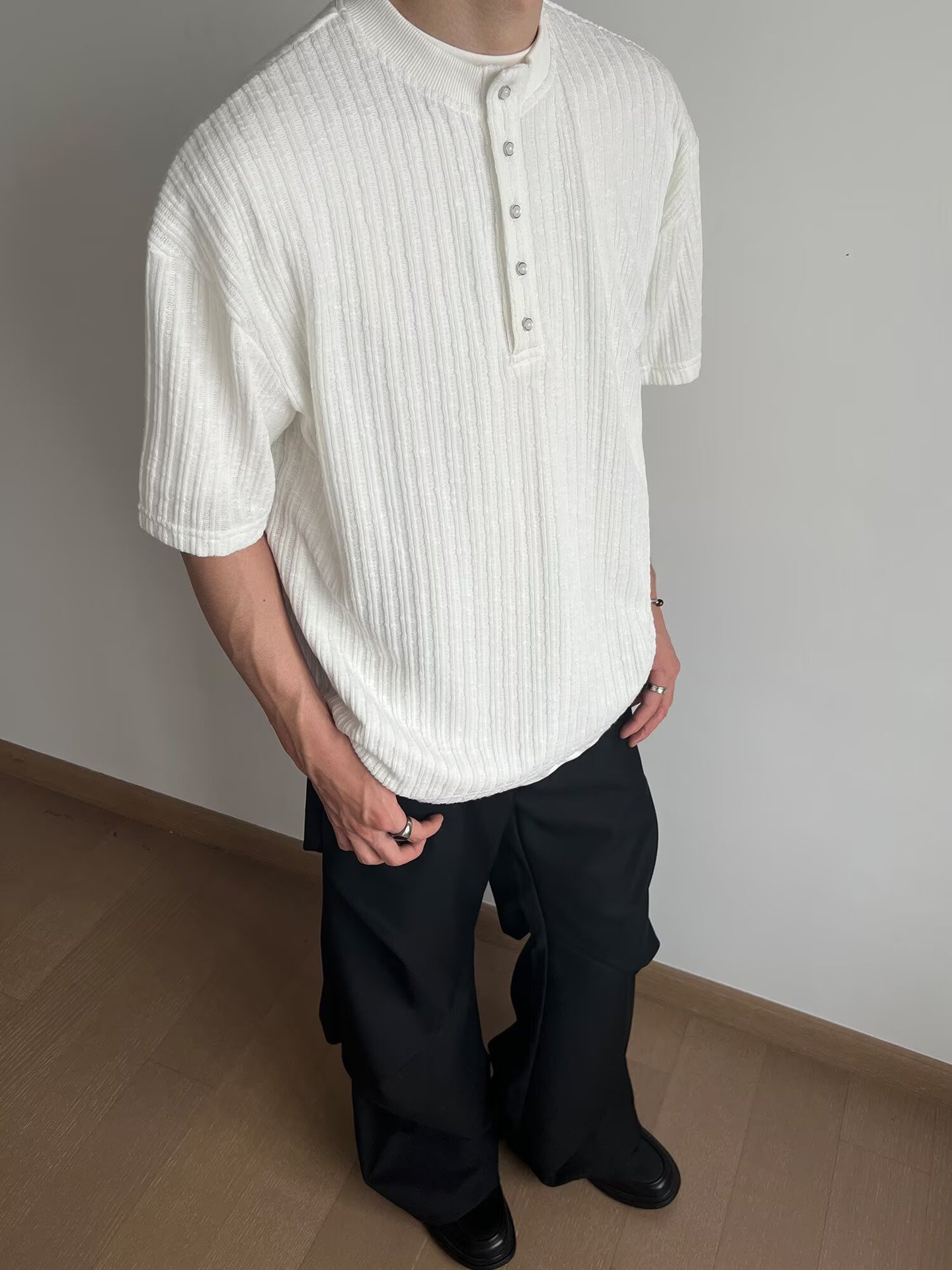 Herren Henley Shirt Waffelstruktur Langarm Button Pullover_voghion.com