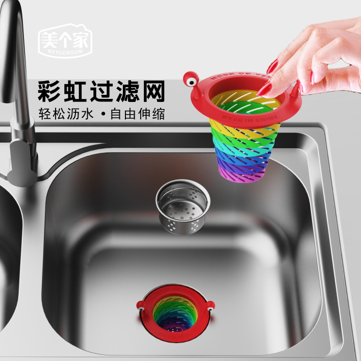 Dropshipping - Kitchen Sink Gadget: Large Fish Drain Basket + Rainbow Filter Net, Powerful Filtration to Prevent Clogging