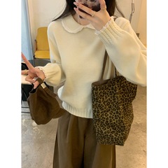 实拍 秋季韩版温柔减龄娃娃领蕾丝花边针织衫宽松长袖毛衣女88644