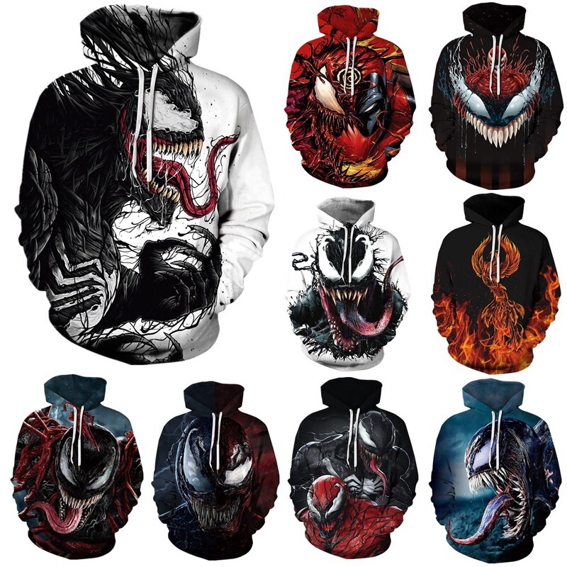 Cross-border European and American Marvel Venom Halloween Hoodie for Men, 3D Flame Print, Loose Fit, Fashionable