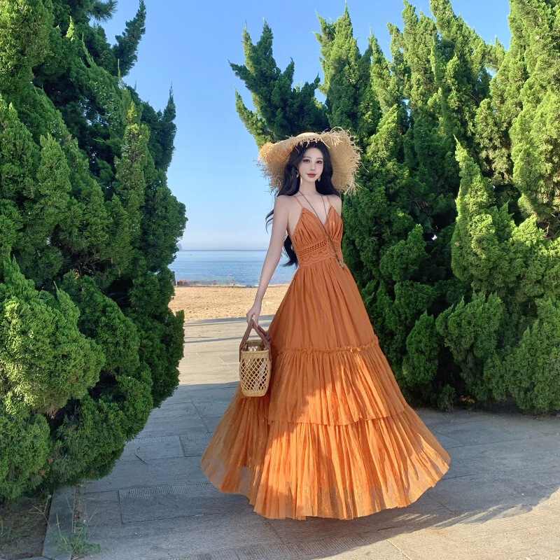Suitable for Seaside Travel and Photography, Orange V-Neck Suspender Dress, Feminine Backless Island Beautiful Vacation Long Dress