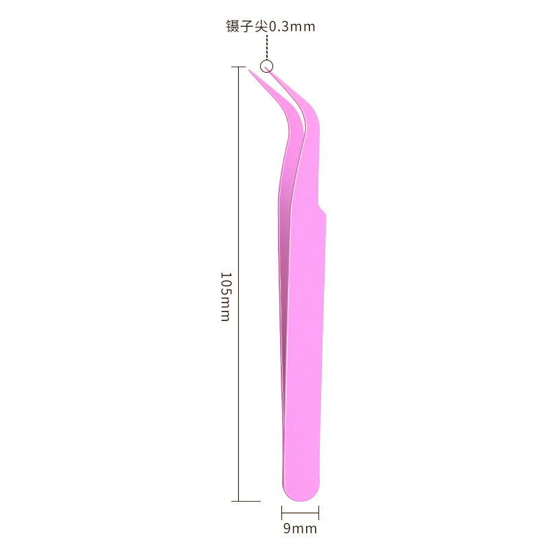 Pinzas para pestañas de acero inoxidable, punta curva, rosa