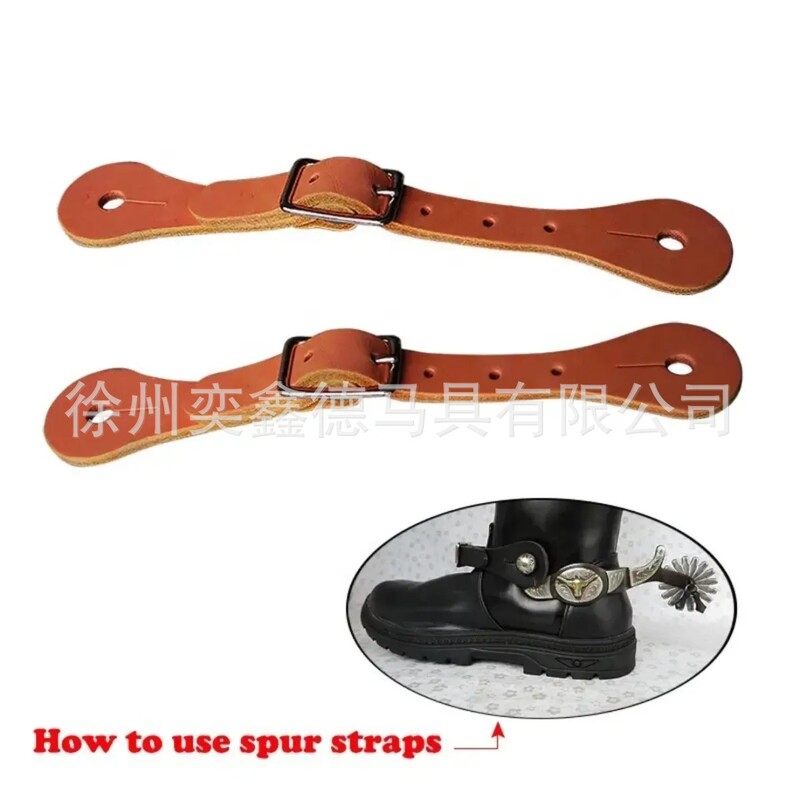 Genuine brown-red spurs with straps, western equestrian equipment, cowhide spurs with buckle straps, durable and wear-resistant straps for knight's riding boots