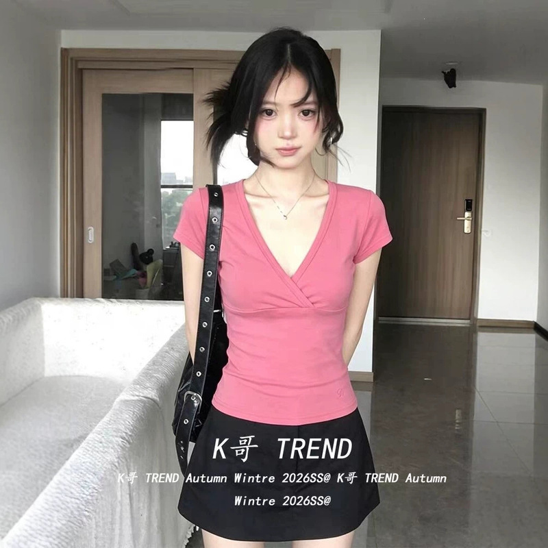 Hot Girl Style Deep V-Neck Short-Sleeve T-Shirt for Women, Summer Outfit, Slim Fit, Unique Design, Regular Shoulder Short Top, Trendy Hot Girl Style Deep V-Neck Short-Sleeve T-Shirt for Women, Summer Outfit, Slim Fit, Unique Design, Regular Shoulder Short Top, Trendy
