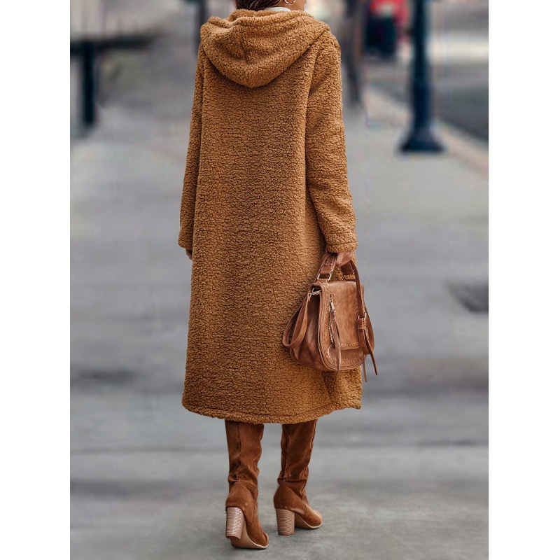 Autumn And Winter Fashion Long Solid-Color Long-Sleeved Plush Hooded Jacket Women's Coat Windbreaker Top_ecoleips.com
