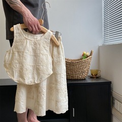 韓版童裝2024夏季新款女寶寶純色套裝女童蕾絲無袖上衣裙套裝薄款