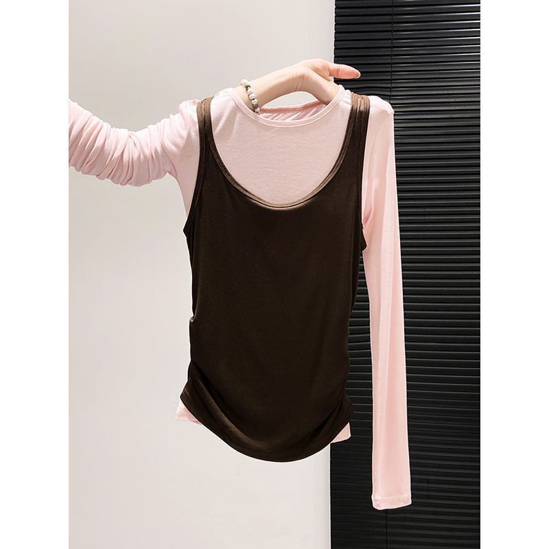 Contrast Color Layered Two-Piece Long-Sleeved T-Shirt for Women 2025 Spring & Fall New Style Pleated Waist Slimming Look Simple Casual Top Contrast Color Layered Two-Piece Long-Sleeved T-Shirt for Women 2025 Spring & Fall New Style Pleated Waist Slimming Look Simple Casual Top