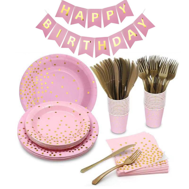 Bronceado transfronterizo pequeño punto Rosa vajilla conjunto taza de papel plato de papel cuchillo de toalla de papel, tenedor y cuchara desechable fábrica de decoración de fiesta