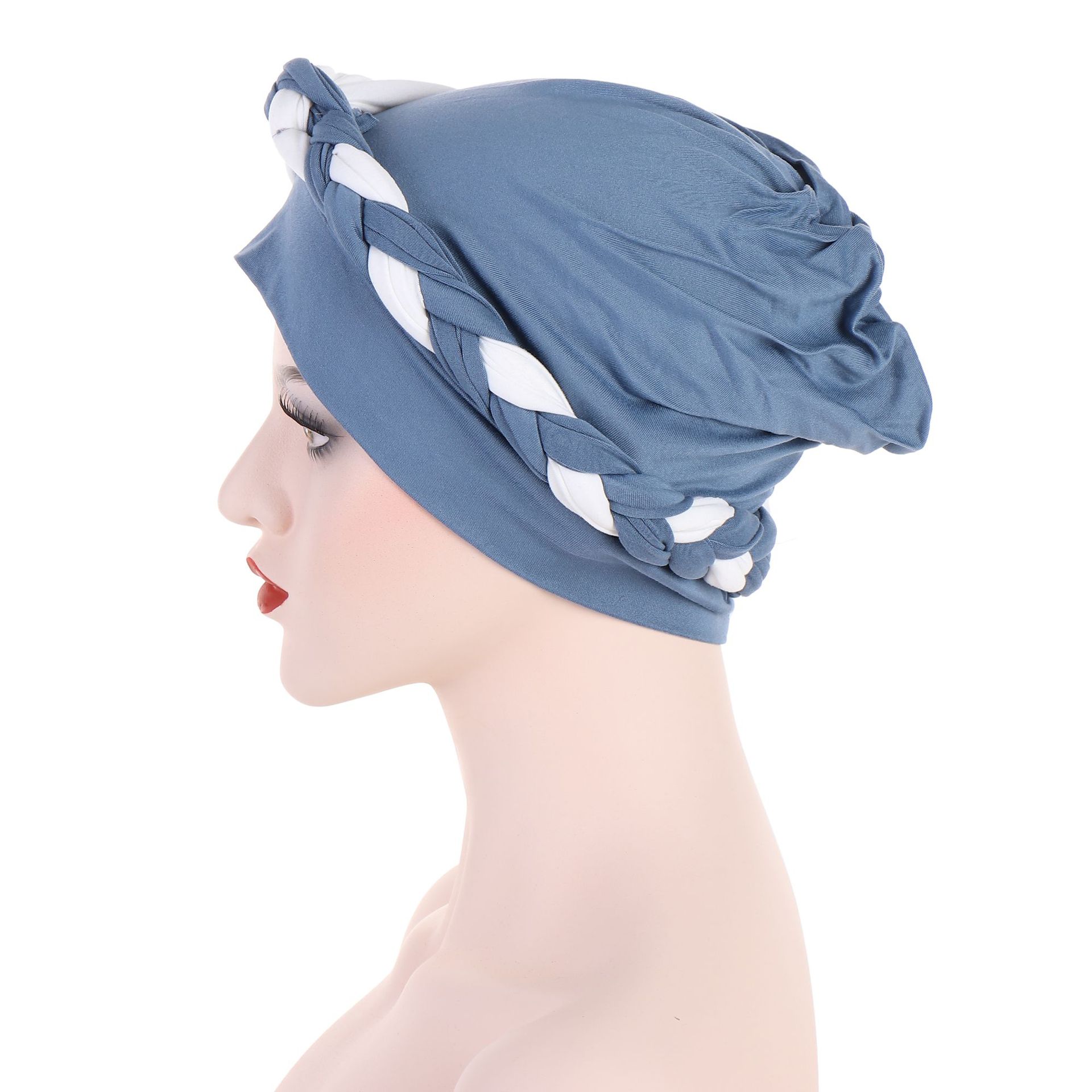 new color-blocked side braid soft turban cap Muslim chemotherapy cap cross-border pullover cap Baotou cap_voghion.com