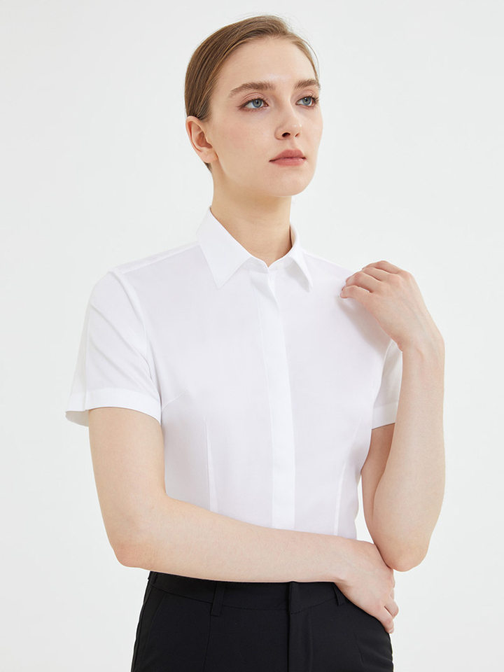 Áo sơ mi nữ ngắn tay cổ vuông cotton cao cấp chống nhăn dáng ôm — Màu xanh nhạt ngắn tay-cổ vuông-satin, Trắng-ngắn tay-cổ vuông-satin
