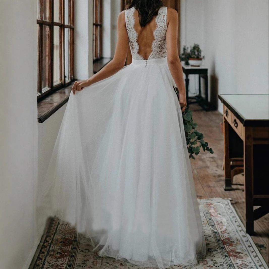 2025 New Shoulder Deep V Neck Sleeveless Large Backless Slim Lace Small Trailing a Version Wedding Dress Travel Photography Gauze