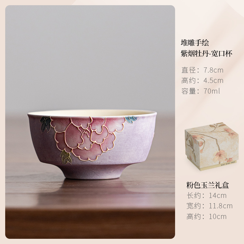 手绘紫色牡丹陶瓷普洱杯套组大号主人杯功夫茶具茶盏品茗杯|undefined