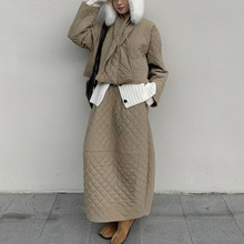 法式高级时髦棉服套装女2025冬季新款慵懒菱格纹棉服+高腰半身裙