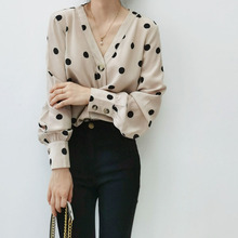 清仓特价法式性感浪漫V领圆点印花真丝衬衫女 灯笼长袖牛角扣衬衣