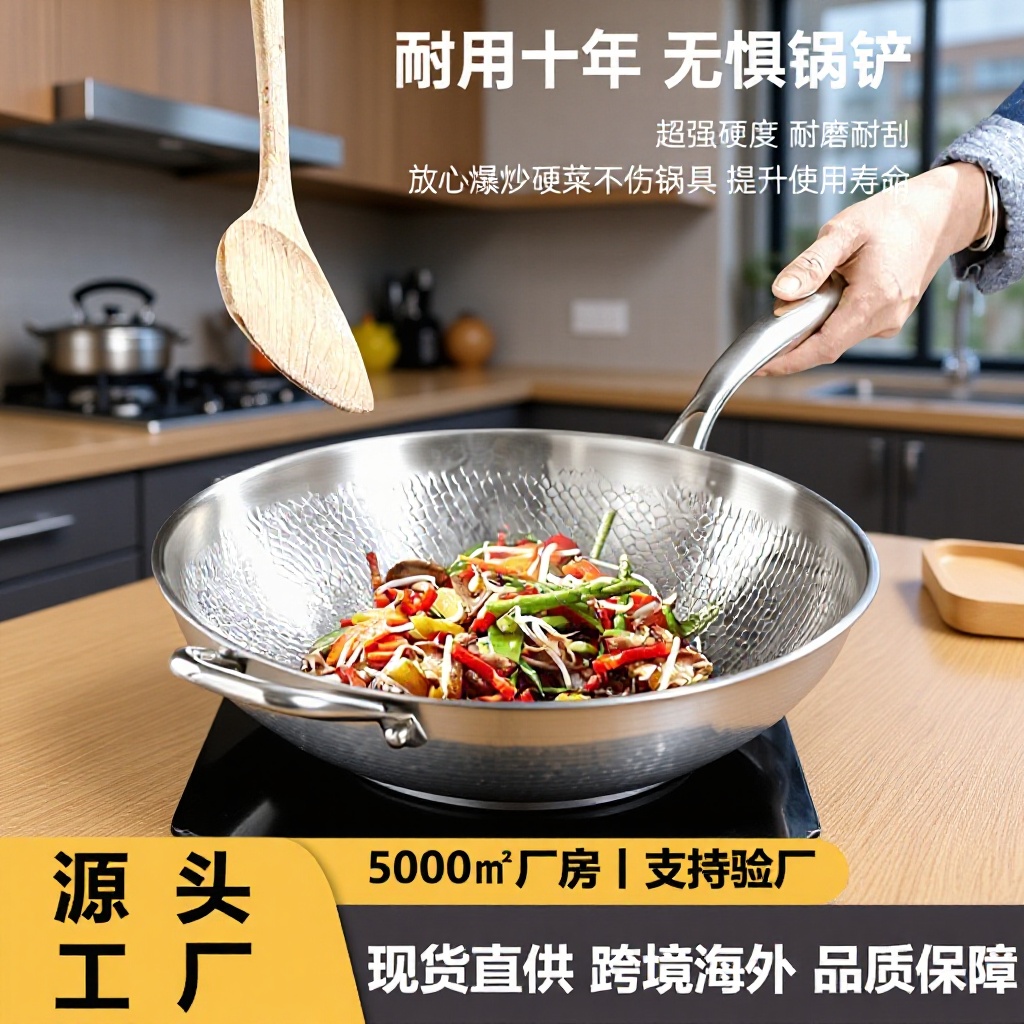 국경 간 수입 티타늄 웍, 코팅 없는 티타늄 냄비, 붙지 않는 냄비, 물고기 비늘 무늬 티타늄 합금 가정용 평평한 바닥 웍 일체형