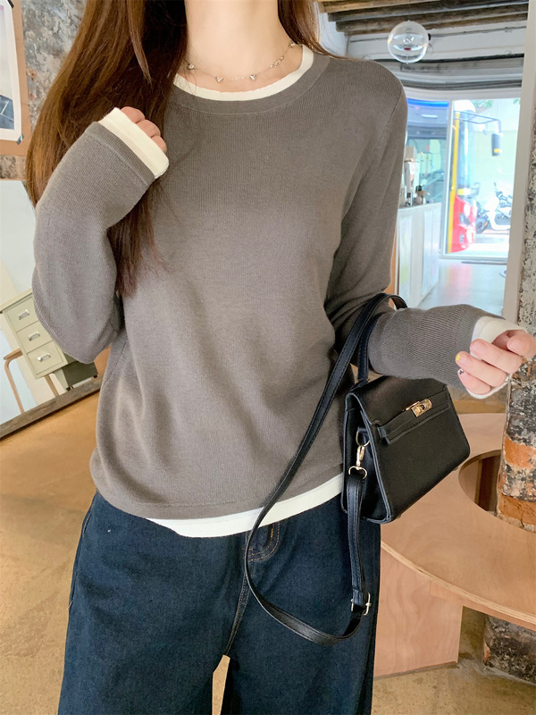实拍秋季新款韩版撞色圆领假两件宽松休闲针织衫长袖上衣女87660|undefined