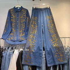 2025秋季女装新品金色碎钻三角图案衬衫上衣设计感重工烫钻牛仔裤