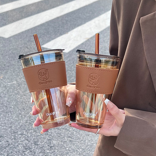 Northern Lights Glass Cup with Lid, Instagram Style, 15016 Straw Water Cup, Breakfast Cup, Coffee Cup, Creative Wholesale