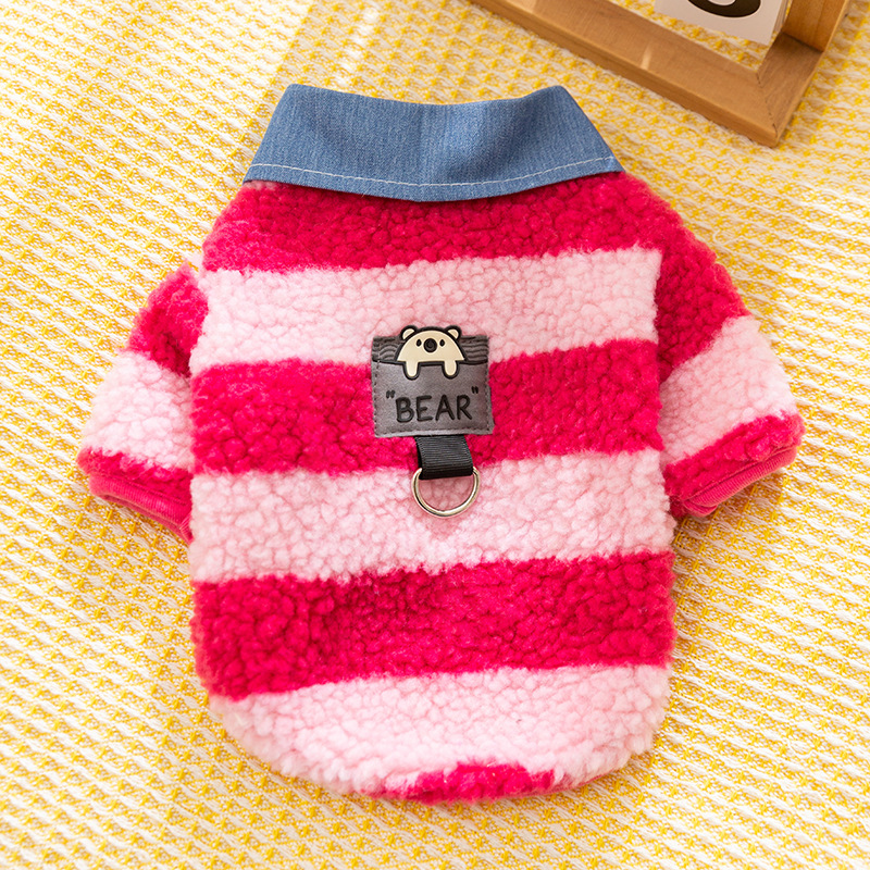 Camisas azules y púrpura de costura a rayas cuello de camisa de dos patas perros pequeños gatos otoño y invierno de dos patas de manga larga ropa de mascotas cálidas