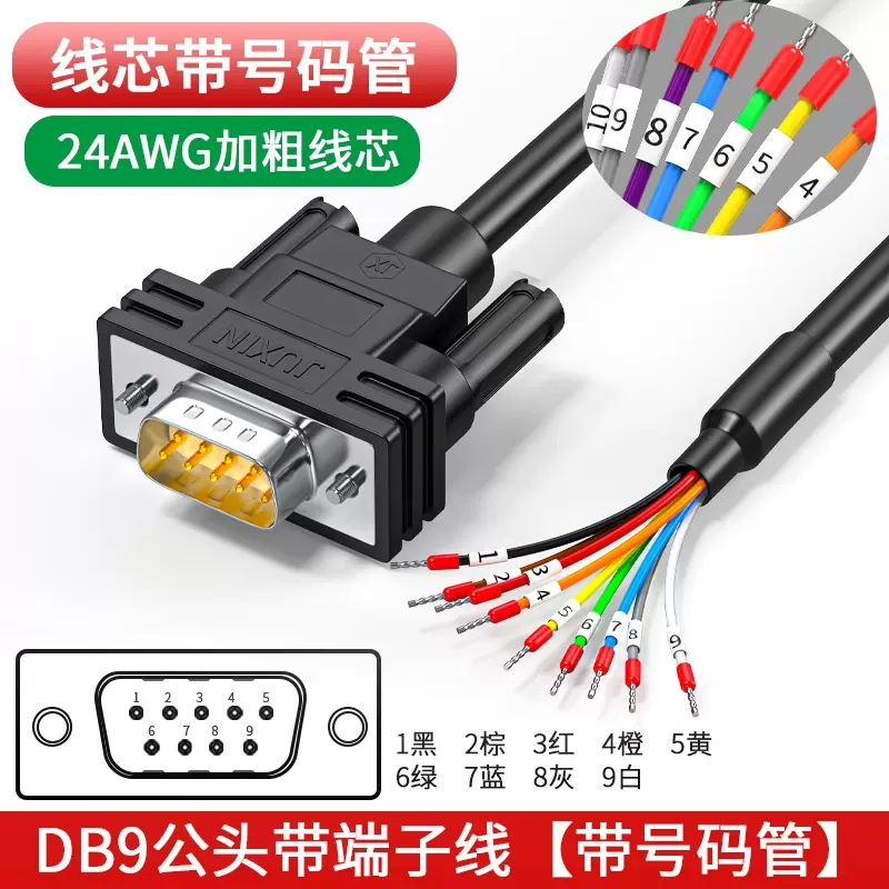 DB9母头带线24AWG号码管9针端子线DB37单头线DB25 DB15连接线15芯