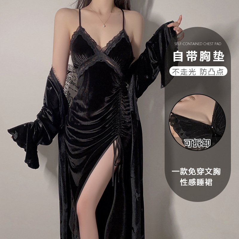 Guiruo Velvet Intimates, Fire Drawstring, Sexy Pleated Slits, Padded Suspenders, Nightgown Outer Robe Set 4785