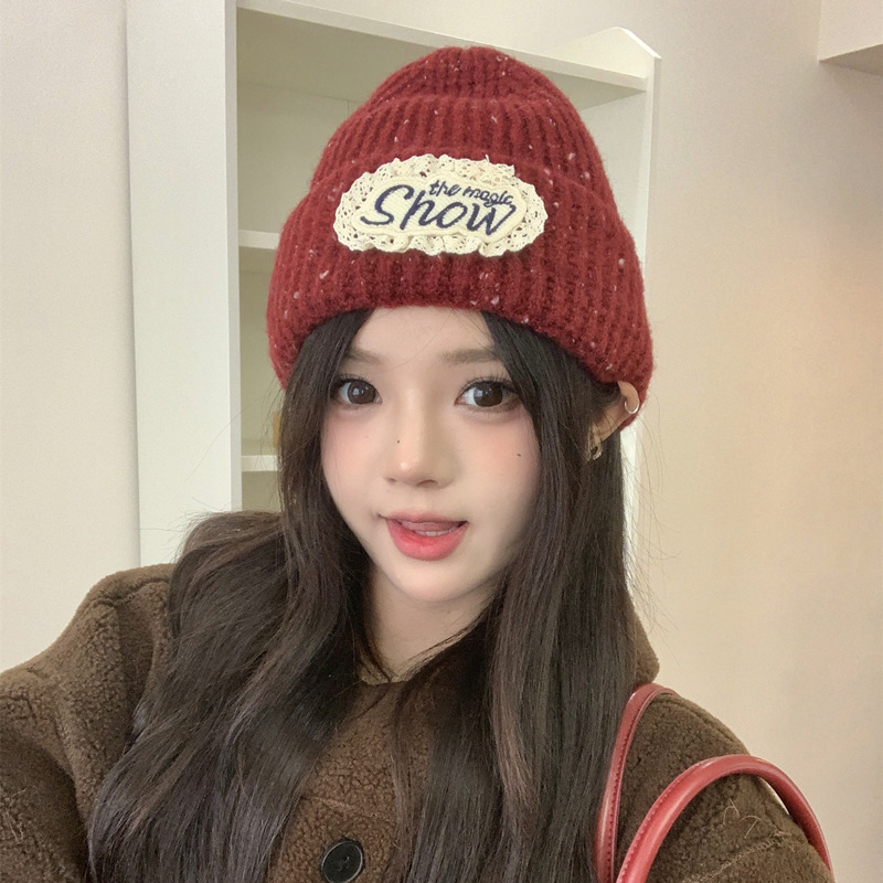 蕾丝英文字母标针织男女瓜皮帽纯色雪花点坑条卷边护耳保暖包头帽|undefined