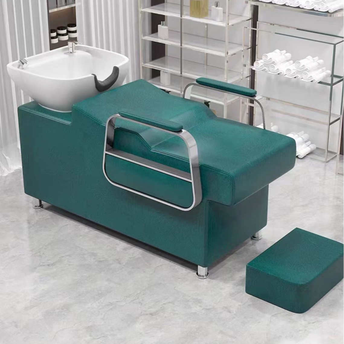 Cama de lavado de cabello para peluquería con reposapiés, lavabo de cerámica, cama de lavado de cabello semireclinable para peluquerías, cama de masaje y peluquería.