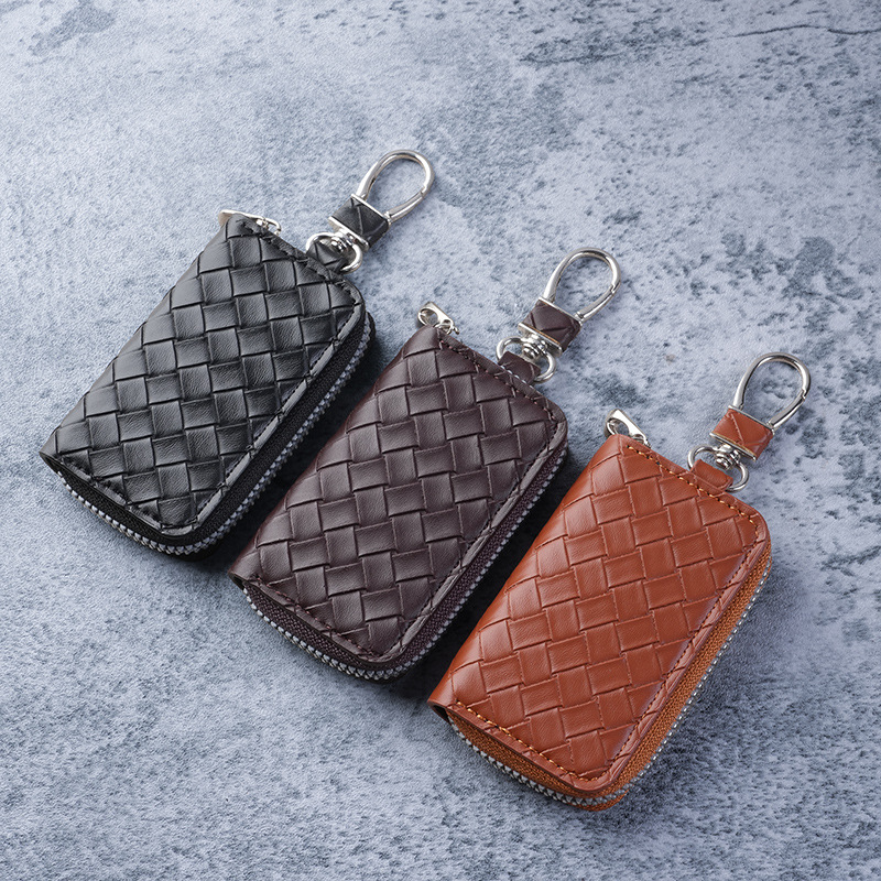 New Woven Pattern Car Key Bag for Men, Multifunctional Large Capacity Zipper Waterproof Key Bag for Women, Keychain
