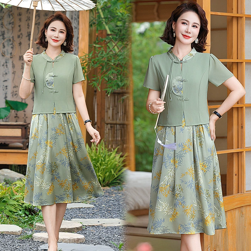 Модное летнее новое платье средней длины из двух частей для женщин среднего возраста, платье больших размеров в китайском стиле.