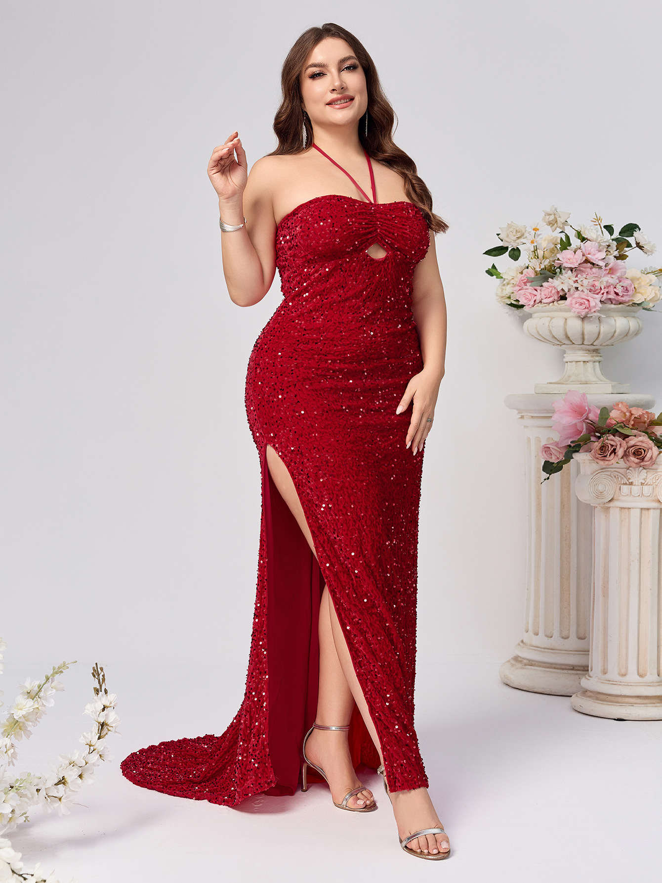 Vestido de talla grande para comercio exterior estilo caliente moda femenina sexy cuello halter con lentejuelas sin mangas vestido rojo image 5